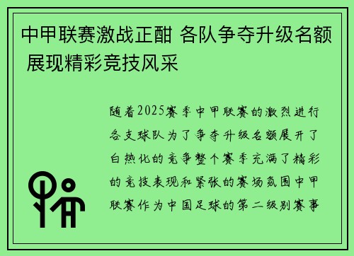 中甲联赛激战正酣 各队争夺升级名额 展现精彩竞技风采