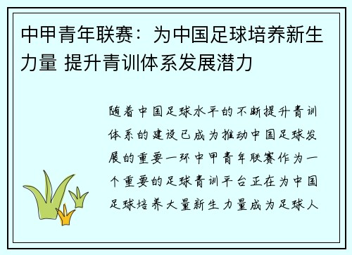 中甲青年联赛：为中国足球培养新生力量 提升青训体系发展潜力